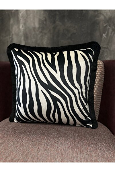 Fabricland İthal İpek Kadife Krem-Siyah Renk Kare ZEBRA PÜSKÜLLÜ KIRLENT KILIFI (Çift Taraflı Desen)