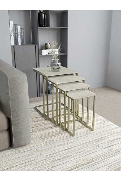 Dekoport Koltuk Altı Sehpası TEKERSİZ Zigon 4 lü Zigon Sehpa Takımı Mat Gold Metal - Traverten Tabla