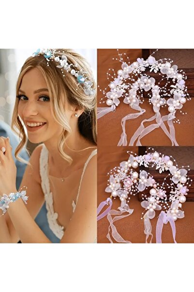 GlassySKY Синьо цвете и перлена аксесоар за коса и гривна Комплект за сватба/...