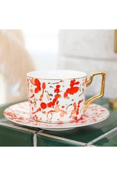 package home Luxury Moroccan Ceramic Tea Cup and Saucer Set, 250ml, Gold Handle, Red (1, Nonjmo Red)