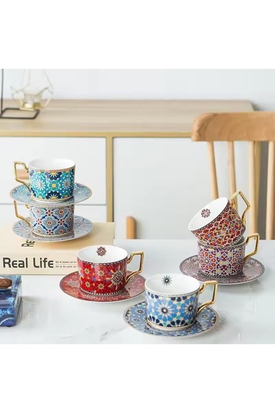 package home Luxury Moroccan Ceramic Tea Cup and Saucer Set, 250ml, Gold Handle, Red (1, Nonjmo Red)
