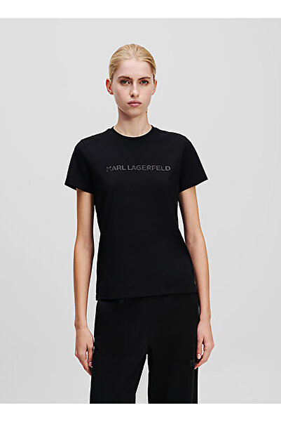 Karl Lagerfeld Bisiklet Yaka Baskılı Siyah Kadın T-Shirt A1W17076