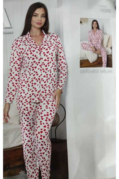 sayina Women's Red Heart Patterned Shirt Collar Pajama Set