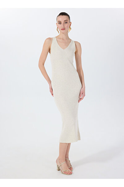 Fabrika Bej Kadın V Örgü Elbise F5SL-ELB0401