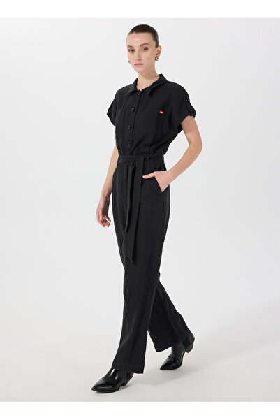 Mustang Siyah Kadın Normal Kalıp %100 Keten Tulum M5SL-TLM1278