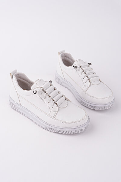 meyra'nın ayakkabıları Women's White Leather Rubber Laced Orthopedic Sole Ballerinas