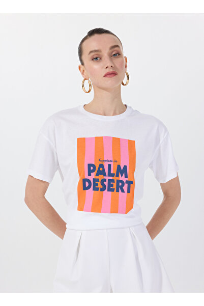 Fabrika Bisiklet Yaka Baskılı Beyaz Kadın T-Shirt F5SL-TST0437