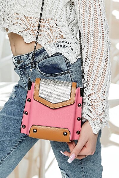 Morpelikan Γυναικεία τσάντα ώμου σε ροζ χρώμα με πετράδια Luna Shine, λεπτομέ...