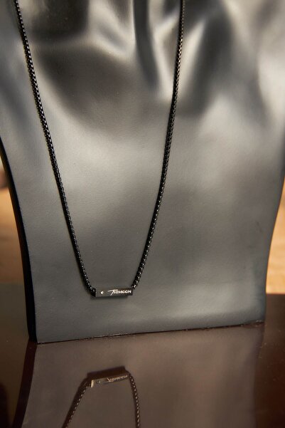 THIMOON Men's Black Zircon Stone Steel Bar Necklace