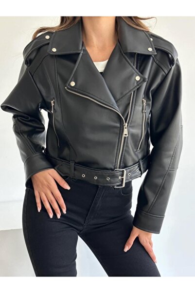 Ekim Store Yeni Sezon Oversize Siyah Biker Deri Ceket