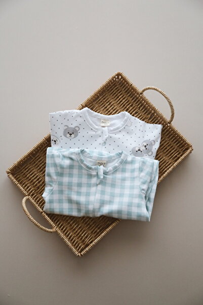 DoDo'S Baby 100% Organic Cotton 2-Piece Bear and Mint Plaid Patterned Soft Baby Romper