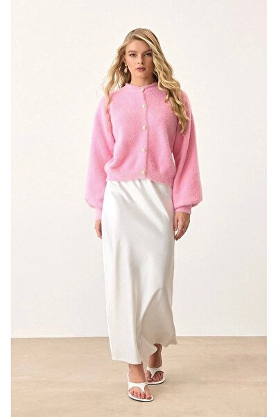 NATUFIAN STORE Pearl Buttoned Bearded Balloon Sleeve Women's Knitwear Soft Cardigan