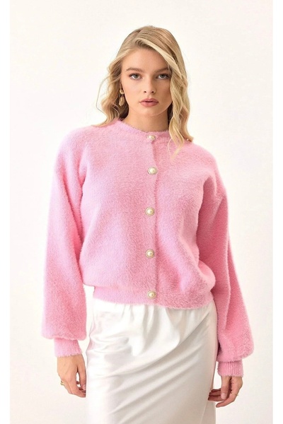 NATUFIAN STORE Pearl Buttoned Bearded Balloon Sleeve Women's Knitwear Soft Cardigan