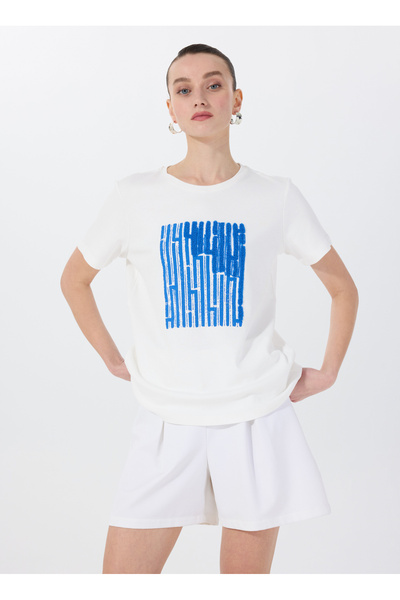 Fabrika Bisiklet Yaka Nakışlı Kırık Beyaz Kadın T-Shirt F5SL-TST0388