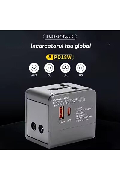 OEM Universal Travel Charger Adapter 3-in-1, USB-C + USB-A QC 3.0, Compatible UK/EU/US/AUS Black