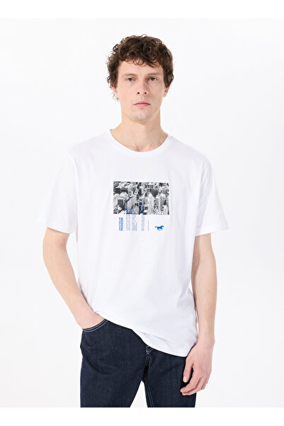 Mustang Bisiklet Yaka Baskılı Beyaz Erkek T-Shirt M5SM-TST1289
