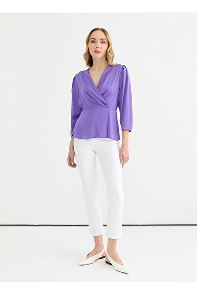 Selen Kruvaze Yaka Düz Mor Kadın Bluz 25YSL8095