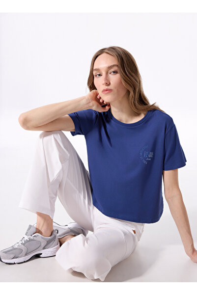 Jeep Bisiklet Yaka Baskılı Lacivert Kadın T-Shirt J5SL-TST7886