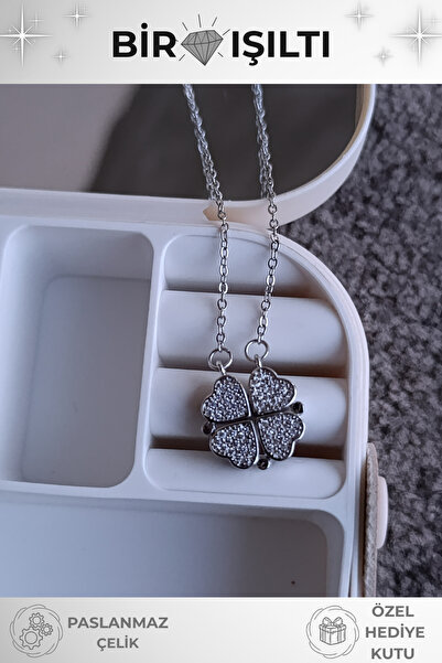 Birmem Kadın Gümüş Rengi Çelik Mıknatıslı Açılır Kapanır Dört Kalp Yonca Şans Kolyesi