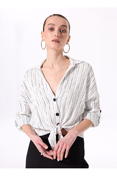 Fabrika V Yaka Çizgili Ekru - Mavi Kadın Bluz F5SL-BLZ0123