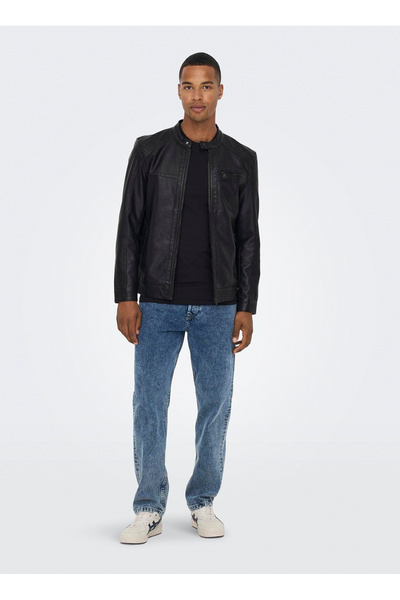 Only & Sons Ανδρικό δερμάτινο μπουφάν μαύρο 22011975s Onsal Pu Noos Otw