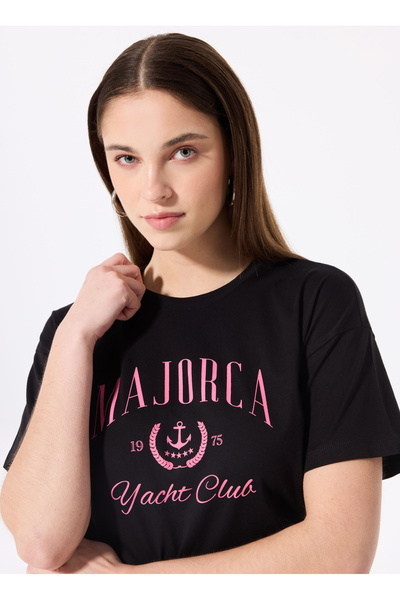 Fabrika Bisiklet Yaka Baskılı Siyah Kadın T-Shirt F5SL-TST0459