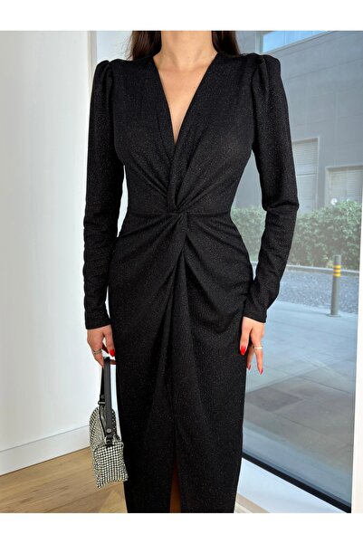 Afiş Butik Siyah Simli V Yaka Büzgü Detaylı Midi Elbise