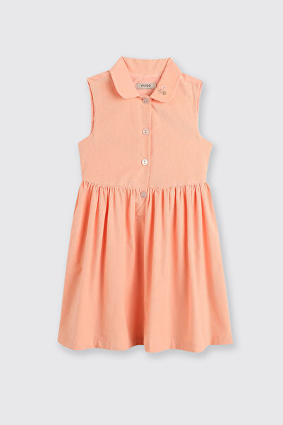 Panço Kız Çocuk Yakası Nakış Detaylı Kadife Pudra Elbise