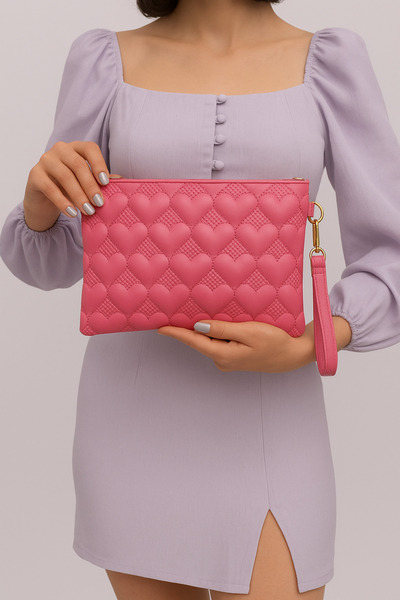 Bagfoni Fuşya Kalp Desenli Portföy Clutch El Çantası