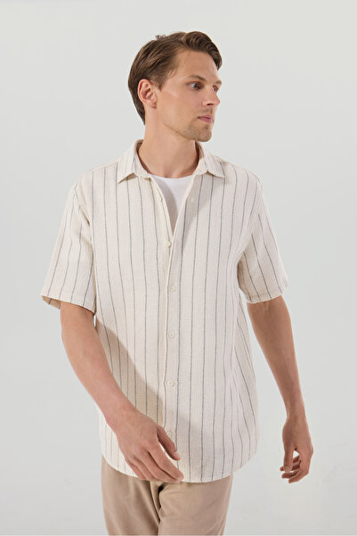 People By Fabrika Kırık Beyaz Erkek Apaş Yaka Basic Çizgili Gömlek PBF5SM-GML...