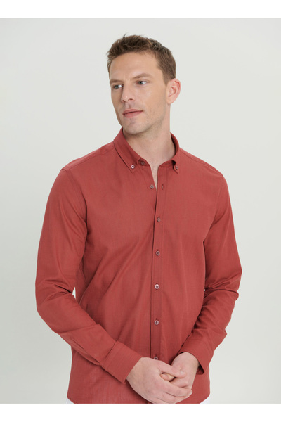 ALTINYILDIZ CLASSICS Altınyıldız Classics Slim Fit Düğmeli Yaka Bordo Erkek Gömlek 4A2021200056