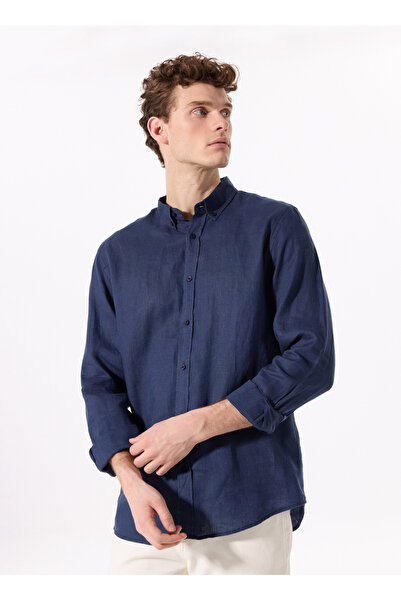 Fabrika Lacivert Erkek Düğmeli Regular Fit %100 Keten Gömlek F5SM-GML 2767