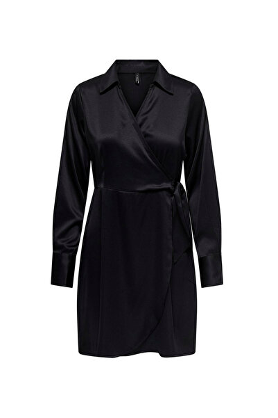 ONLY Gömlek Yaka Düz Siyah Standart Kadın Elbise ONLJANE LIFE L/S ISA DRESS PTM