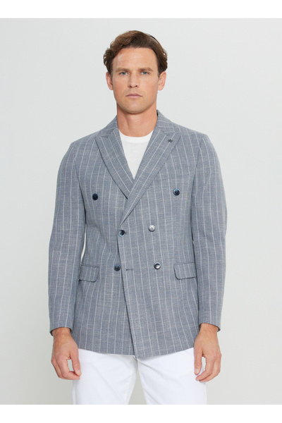 ALTINYILDIZ CLASSICS Pamuklu Slim Fit Dar Kesim Kırlangıç Yaka Çizgili Esnek Blazer Lacivert Ceket
