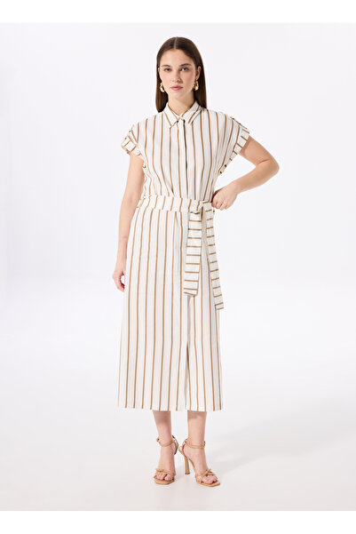 Fabrika Gömlek Yaka Çizgili Beyaz - Vizon Midi Kadın Elbise F5SL-ELB0353
