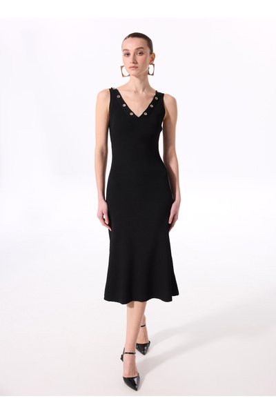 Fabrika Siyah Kadın V Düz Elbise F5SL-ELB0223