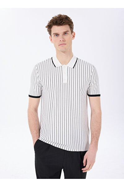 Fabrika Beyaz Erkek Polo Yaka Basic Çizgili Kazak F5SM-KZK 2074