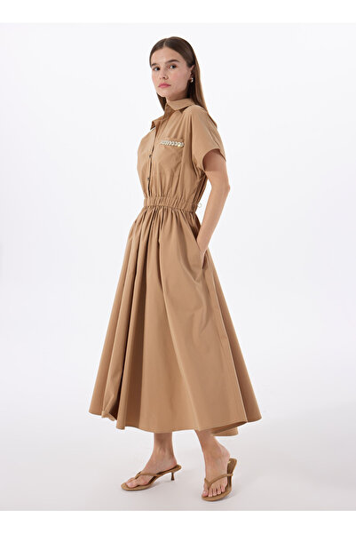 Fabrika Gömlek Yaka Düz Deve Tüyü Midi Kadın Elbise F5SL-ELB0319
