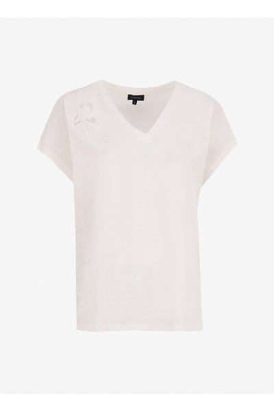 FABRIKA COMFORT Kırık Beyaz Kadın Relaxed Nakışlı T-Shirt FC5SL-TST0208