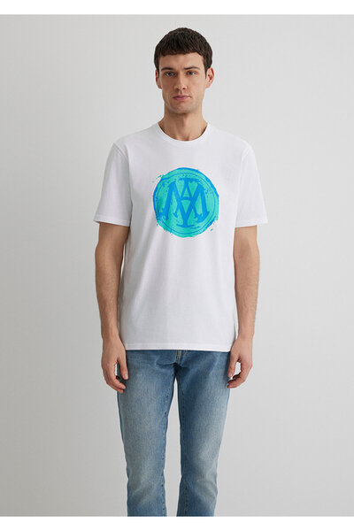 Mavi Mühür Logo Baskılı Beyaz Tişört Regular Fit / Normal Kesim 0612006-620