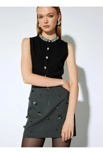 Koton X Melis Ağazat - Sequin Sequin Detailed Stoned A-Line Mini Skirt