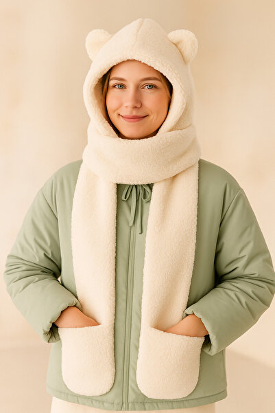 Homy Life Plush Bear with Ears and Pocket Gloves - Welsoft Winter Hat