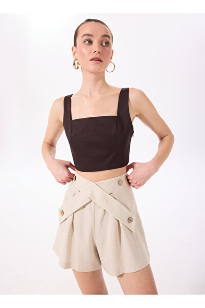 Fabrika Kare Yaka Düz Kahve Kadın Bluz F5SL-BLZ0040