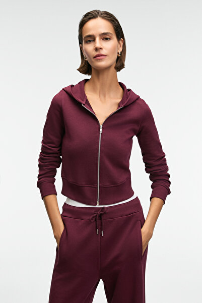 GRIMELANGE Cosima Women's Metal Zipper Hooded Crop Burgundy Sweatshirt