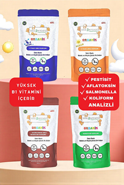 Soul Kitchen Organik Ürünler Organik Bebek Kaşık Maması Tahıl Bazlı Ek Gıdalar B1 Vitaminli (4X250 G) Avantaj Seti