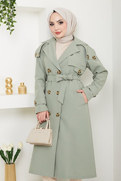 InStyle Omuzları Apolet Detaylı Astarlı Mint Yeşili Trençkot