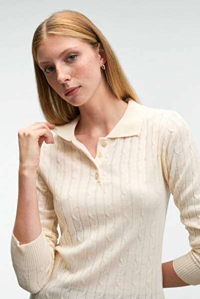 GRIMELANGE Castana Women's Polo Neck Buttoned Regular Fit Knitwear Ecru Sweater