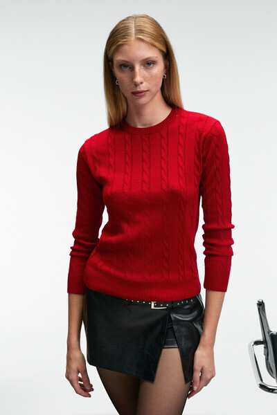 GRIMELANGE Querida Women's Round Neck Hair Braided Regular Fit Knitwear Red Sweater
