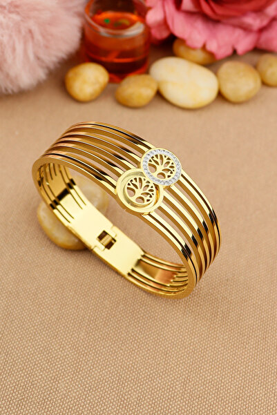 Keyifli Hayaller Şık Çelik Kelepçe - Yaşam Ağacı Detaylı Gold Paslanmaz Çelik...