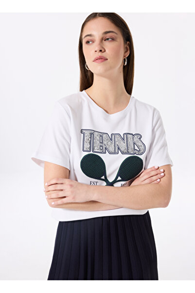 Fabrika Bisiklet Yaka Payetli Kırık Beyaz Kadın T-Shirt F5SL-TST0172